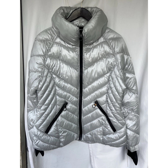 Guess Quilted Puffer Jacket In Silver Women’s Size Large Lightweight Thick Hike